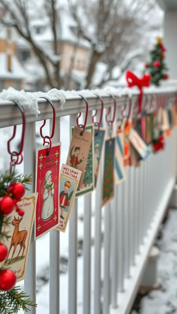 27+ Creative Indoor Christmas Railing Decor Ideas 15 A display of vintage Christmas cards hanging on a snowy railing with red ornaments and greenery.
