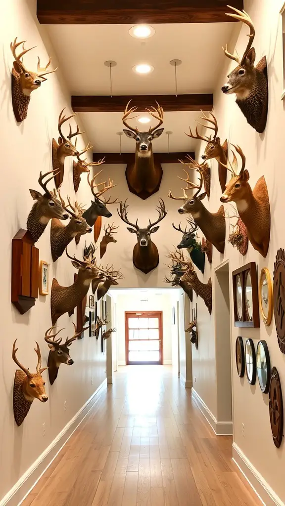 27+ Stunning Deer Mount Wall Arrangements for Every Home 6 Gallery wall featuring various deer mounts in a hallway