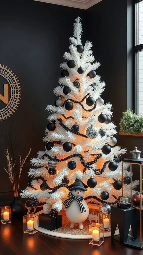 A stylish white Christmas tree decorated with black ornaments and a snowman figure, set against a dark wall.