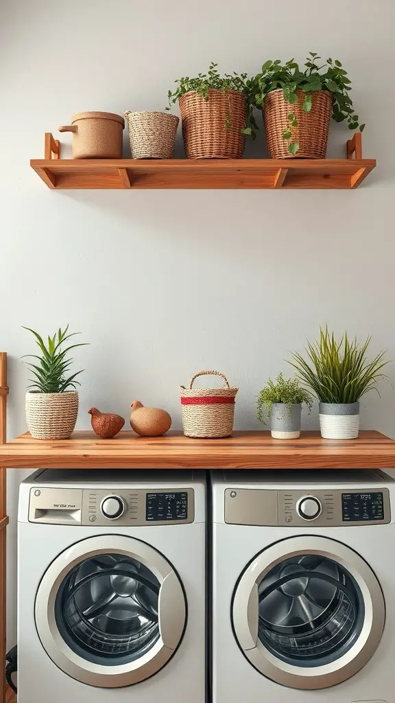 27+ Creative Over Washer and Dryer Shelf Ideas for a Stylish Laundry Room 7 Rustic wooden shelf above a washer and dryer with plants and decorative items.
