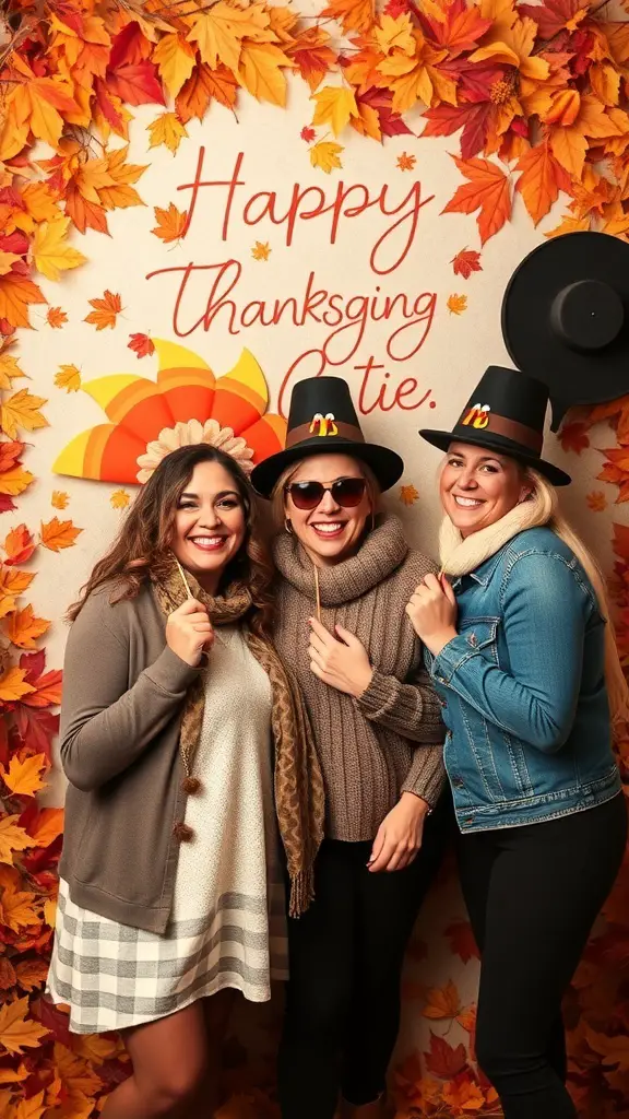 29+ Creative Thanksgiving Party Ideas to Celebrate in Style 6 Three friends posing in a Thanksgiving themed photo booth with autumn leaves and festive props.