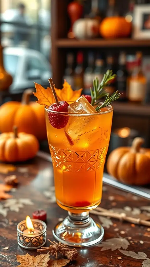 A festive Thanksgiving cocktail garnished with a cherry, leaves, and rosemary, surrounded by pumpkins and autumn decor.