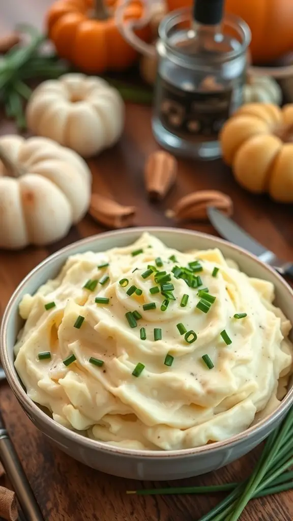 29+ Must-Try Thanksgiving Vegetable Sides for Your Holiday Feast 6 A bowl of garlic mashed potatoes topped with chives, surrounded by decorative pumpkins.