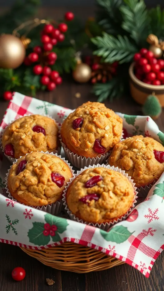 23+ Creative Christmas Breakfast Ideas That Kids Will Love 14 A basket of Christmas morning muffins with cranberries, surrounded by festive decorations.