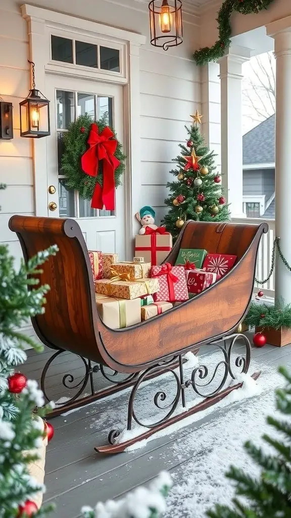 A vintage wooden sleigh filled with wrapped gifts, surrounded by holiday decorations on a porch.