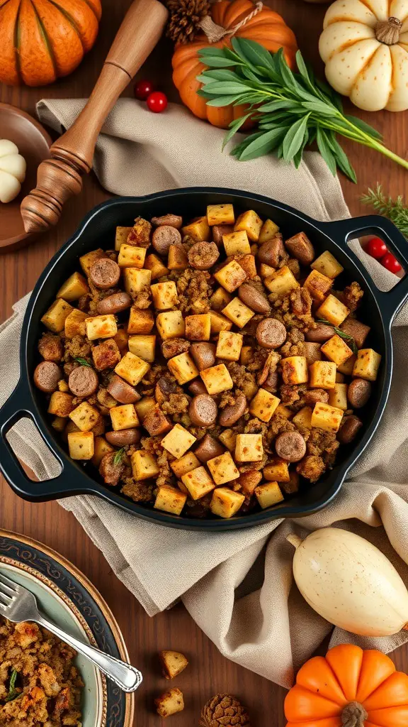 27+ Must-Have Dishes for the Ultimate Thanksgiving Spread 7 A delicious stuffing with sausage and sage in a black skillet, surrounded by autumn decorations.