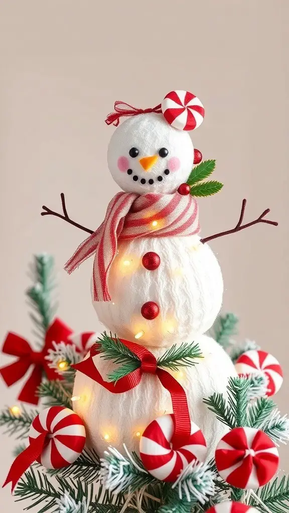 A cute snowman tree topper with a peppermint hat and scarf, surrounded by peppermint candies and festive decorations.