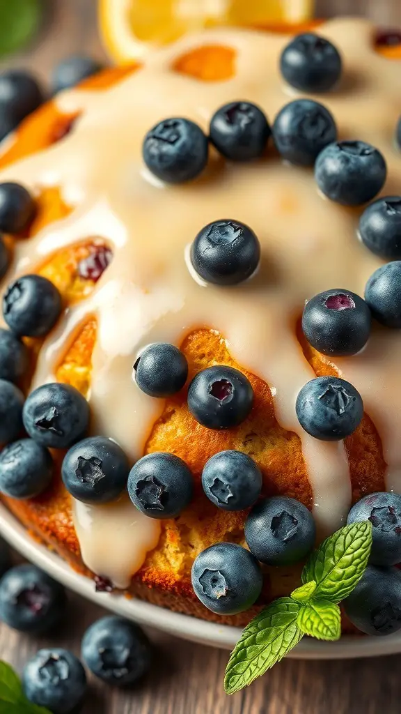 A delicious Lemon Blueberry Thanksgiving Cake topped with fresh blueberries and a lemon glaze.