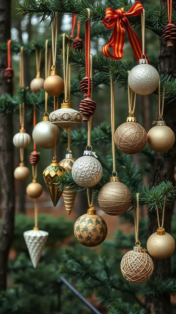 A beautifully decorated forest Christmas tree with unique gold and bronze ornaments, pinecones, and ribbons.