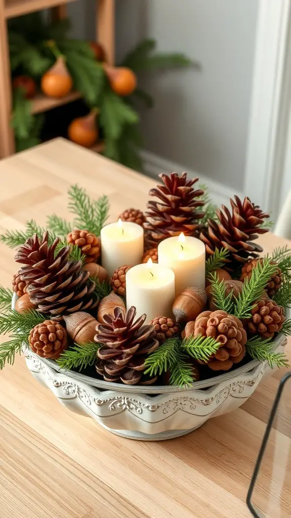 A DIY pinecone arrangement centerpiece with candles and greenery.