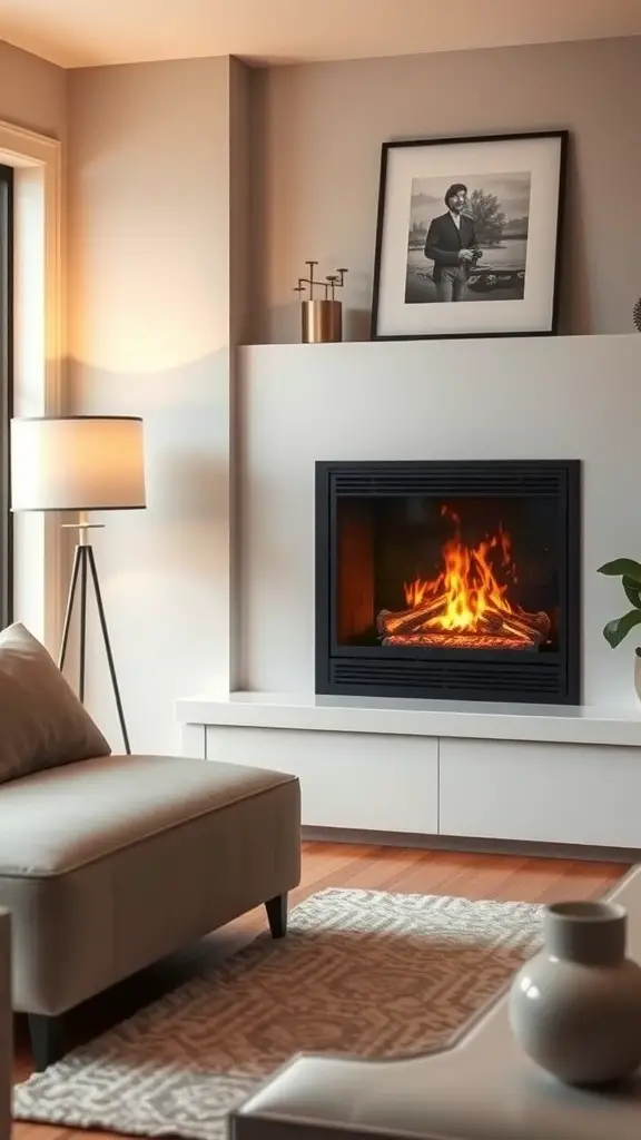 29+ Stylish Electric Fireplace Ideas to Transform Your Home 9 A modern corner electric fireplace in a cozy living room setting.