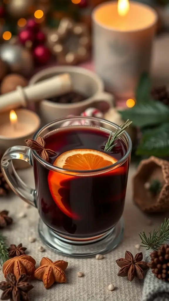 25+ Must-Have Dishes for Your Christmas Dinner Buffet 10 A cup of mulled wine with spices and an orange slice, surrounded by festive decorations.