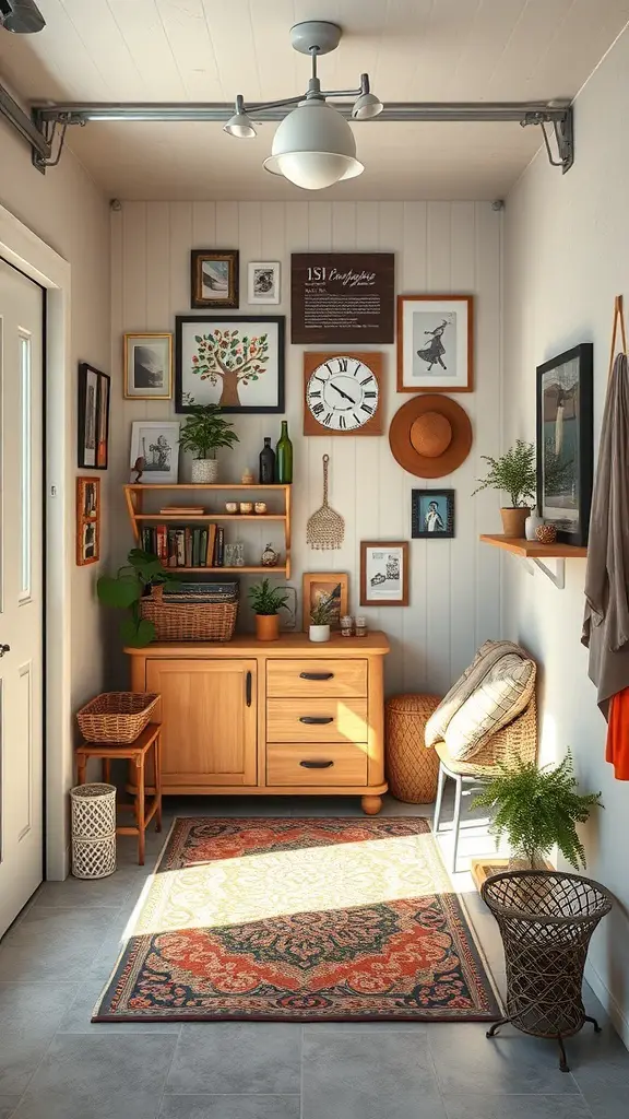 27+ Inspiring Small Garage Apartment Ideas for Cozy Living 12 A cozy entryway in a small garage apartment, featuring a rug, wall art, and shelves with plants and books.