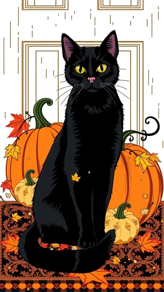 A black cat sitting among pumpkins and autumn leaves on a welcome mat