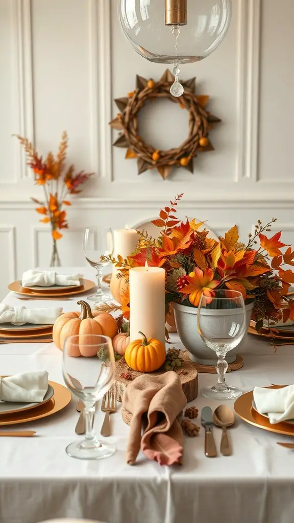 29+ Creative Thanksgiving Party Ideas to Celebrate in Style 2 A beautifully set Thanksgiving table with pumpkins, candles, and autumn leaves.
