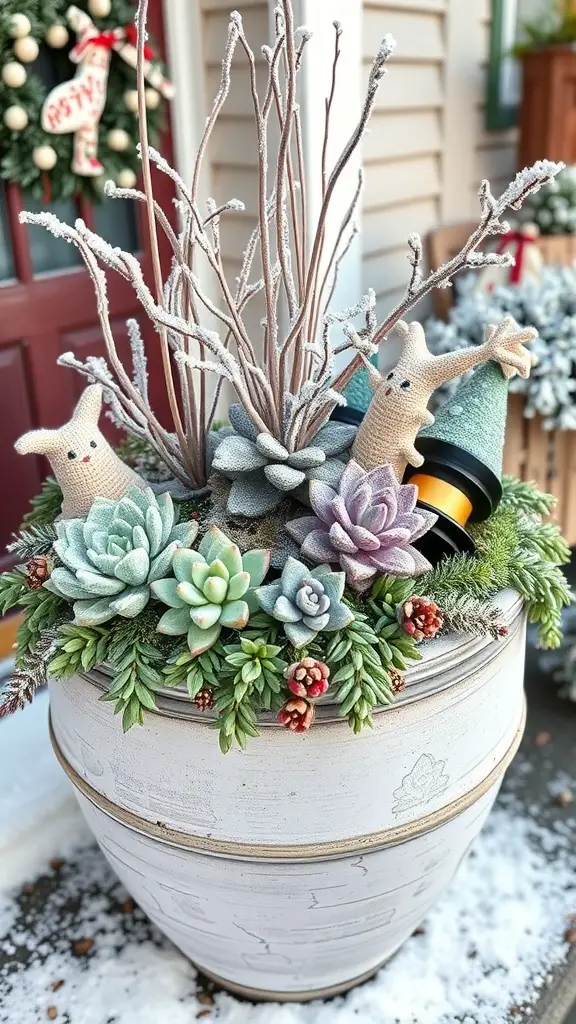 A festive outdoor planter featuring succulents, frosted branches, and holiday decorations.