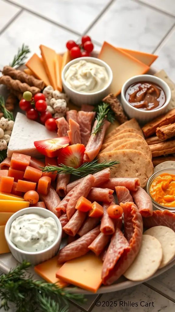 A colorful charcuterie board featuring various cheeses, meats, and garnishes.