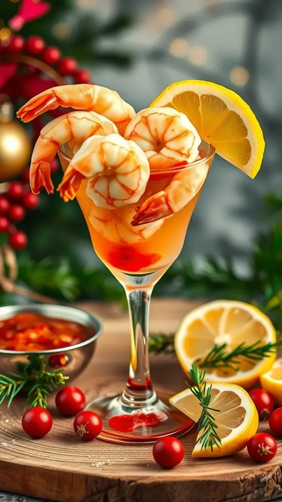 A festive shrimp cocktail with shrimp, lemon slices, and cocktail sauce, set against a holiday backdrop.