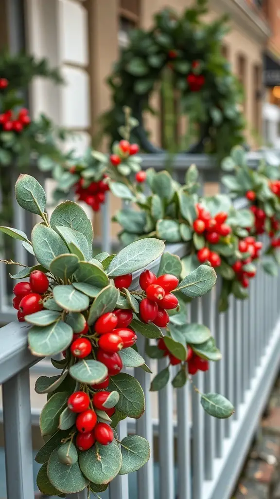 27+ Creative Indoor Christmas Railing Decor Ideas 13 A railing decorated with eucalyptus leaves and red berries for Christmas.