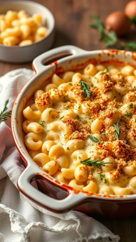 A dish of gourmet mac and cheese with a crispy topping, served in a red baking dish.
