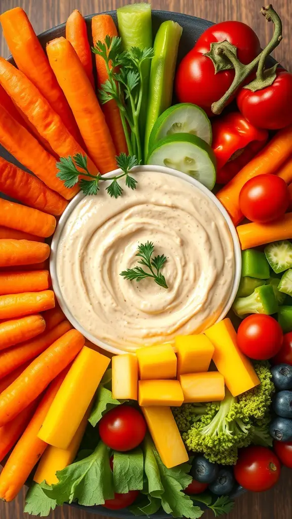 A vibrant vegetable platter featuring carrots, celery, cherry tomatoes, cucumber, and a creamy dip in the center.
