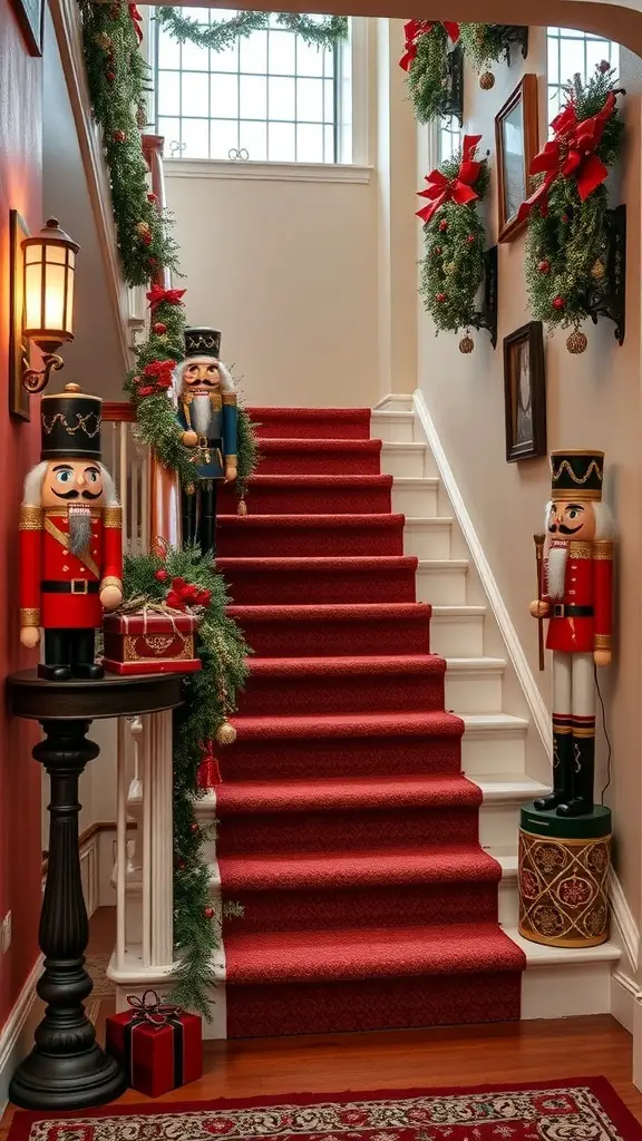 25+ Creative Christmas Staircase Decor Ideas to Transform Your Home 14 A beautifully decorated staircase featuring nutcracker and toy soldier accents, garlands, and festive lighting.