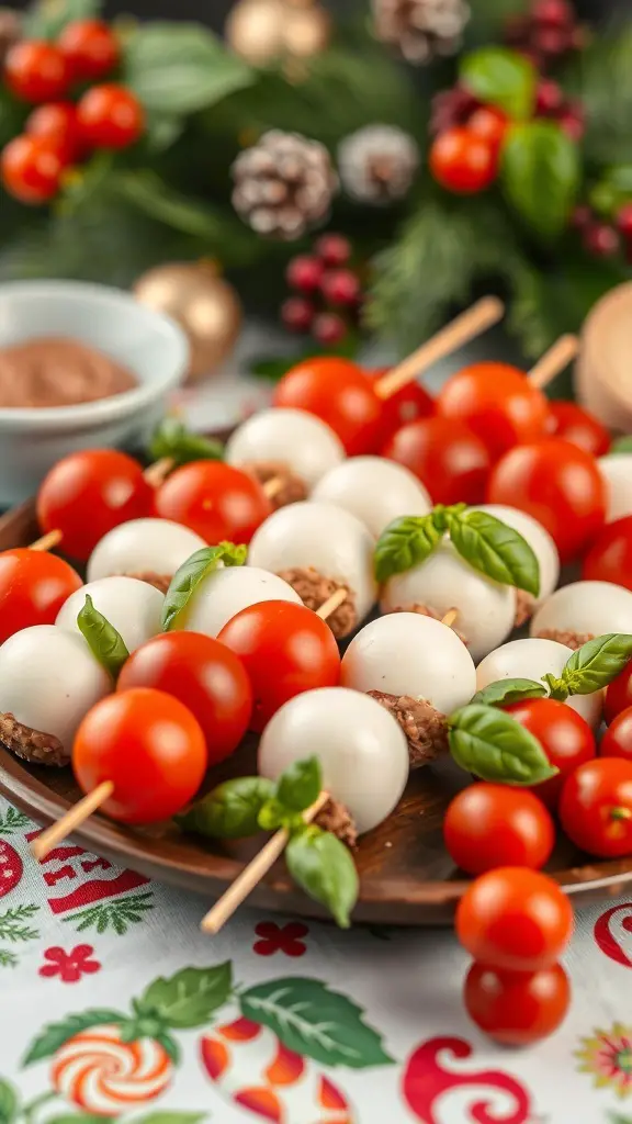 A platter of mini Caprese skewers with cherry tomatoes, mozzarella balls, and basil leaves.
