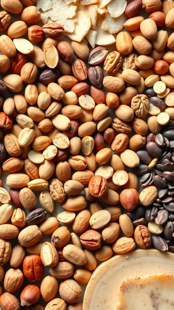 A variety of nuts and seeds spread out on a surface, including peanuts, almonds, and hazelnuts.