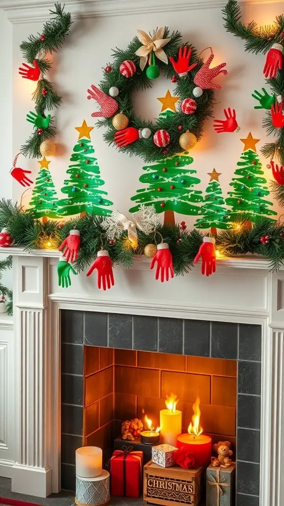 Colorful handprint Christmas tree garlands and wreath displayed on a wall with a cozy fireplace