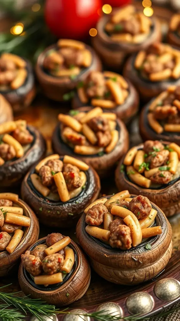 A platter of sausage and herb stuffed mushrooms, beautifully arranged for a festive brunch.