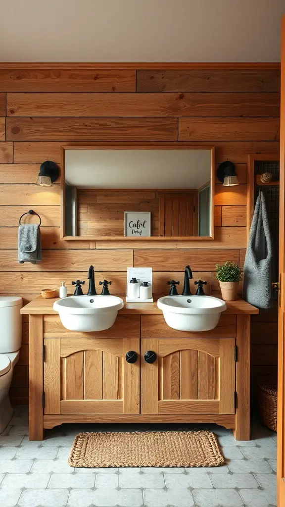 23+ Stylish Bathroom Double Sink Ideas to Enhance Your Space 9 Rustic farmhouse bathroom with double sinks, wooden vanity, and warm lighting.