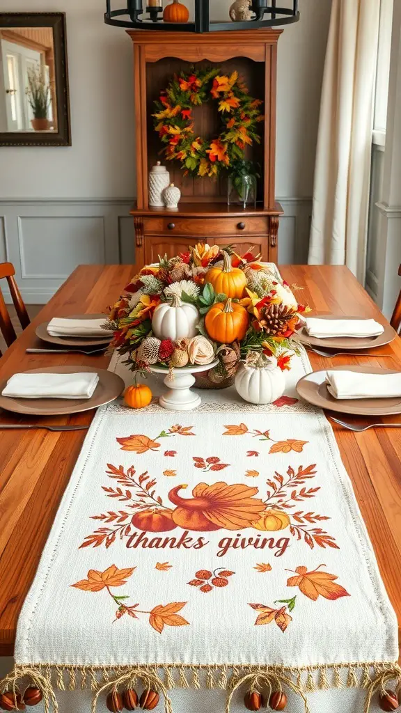Thanksgiving themed table runner with pumpkins and autumn leaves