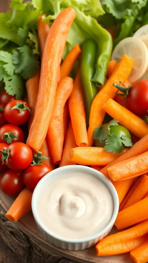 29+ Festive Grazing Table Ideas for a Perfect Christmas Celebration 2 A colorful seasonal vegetable platter featuring carrots, cherry tomatoes, green bell peppers, lettuce, and a creamy dip.