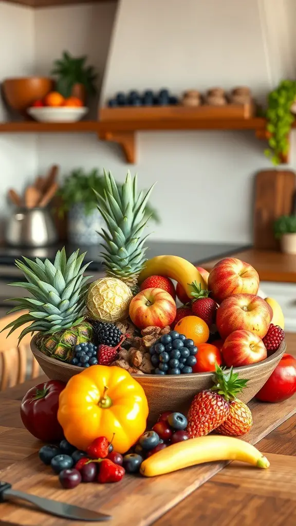 A vibrant display of seasonal fruits in a rustic bowl, showcasing apples, pineapples, bananas, and berries on a wooden table.