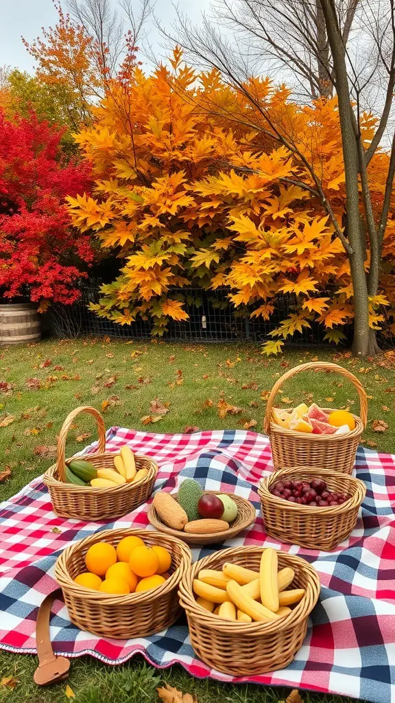 29+ Creative Thanksgiving Party Ideas to Celebrate in Style 3 An outdoor fall picnic setup with a checkered blanket and baskets of fruits against a backdrop of colorful autumn leaves.