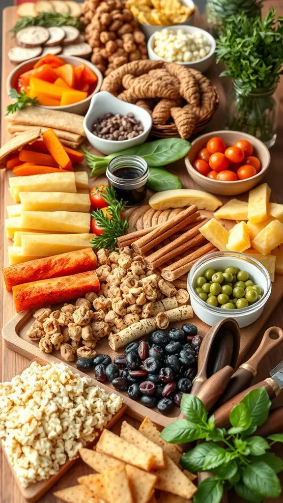 A colorful grazing table filled with various snacks including fruits, vegetables, crackers, and nuts.