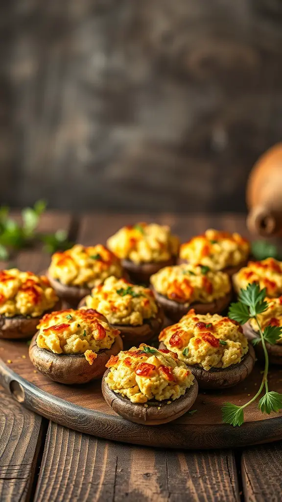 A wooden platter filled with stuffed mushroom caps, showcasing a variety of toppings and golden-brown colors.