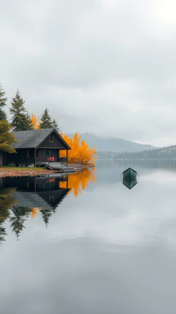 29+ Cozy Cabin Trip Ideas for Your Perfect Getaway 6 A serene lakeside cabin surrounded by autumn trees and calm water