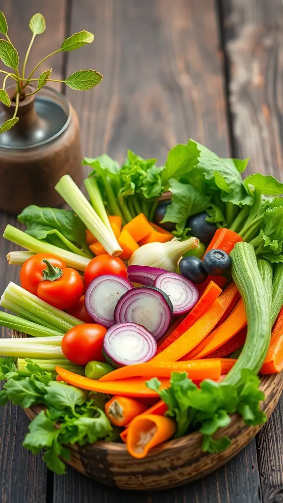 A colorful vegetable platter featuring fresh vegetables like tomatoes, celery, bell peppers, and greens arranged in a wooden bowl.