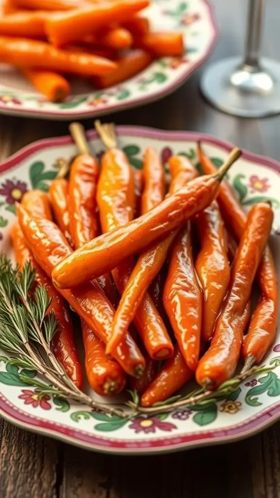 25+ Must-Have Dishes for Your Christmas Dinner Buffet 2 A plate of maple glazed carrots, bright orange and shiny, garnished with herbs.