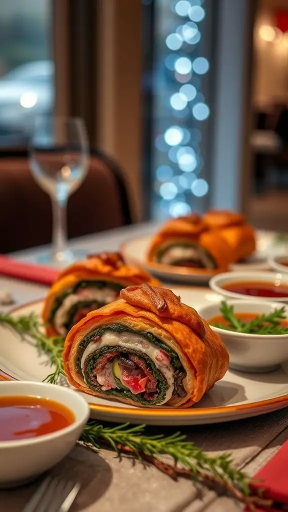 31+ Delightful Christmas Eve Food Ideas for a Festive Celebration 2 Mini Beef Wellington served on a plate with dipping sauces