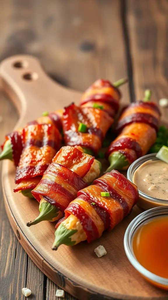 27+ Must-Try Christmas Snacks for Your Holiday Party 2 A wooden platter with spicy bacon-wrapped jalapeño poppers, served with dipping sauces.