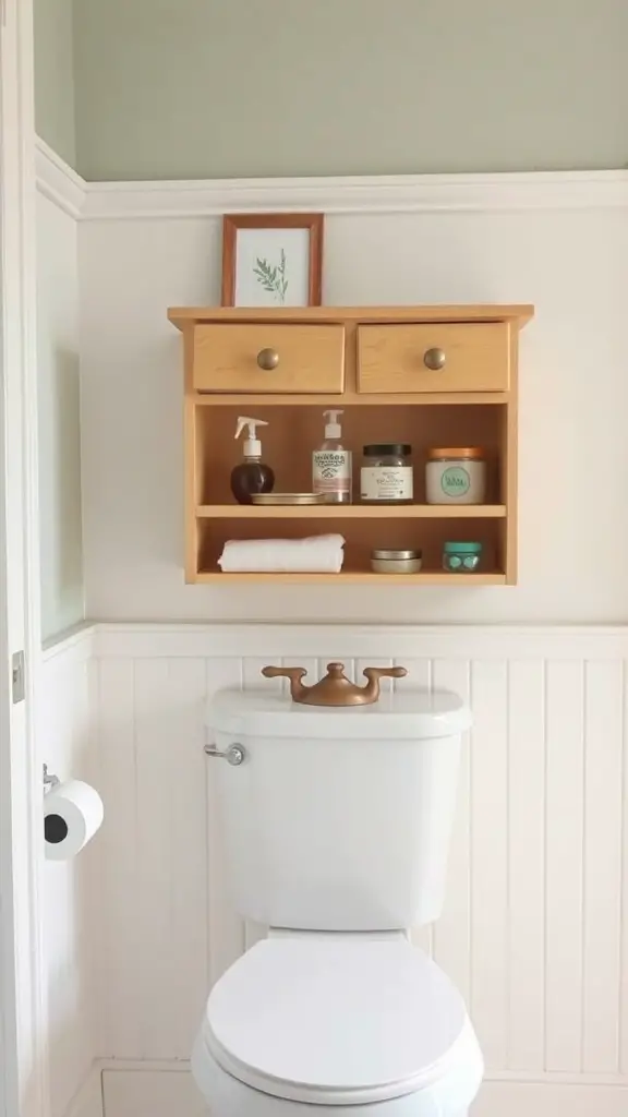 27+ Stylish Over the Toilet Storage Ideas to Maximize Your Space 10 A wooden shelf above a toilet with toiletries and a framed picture.