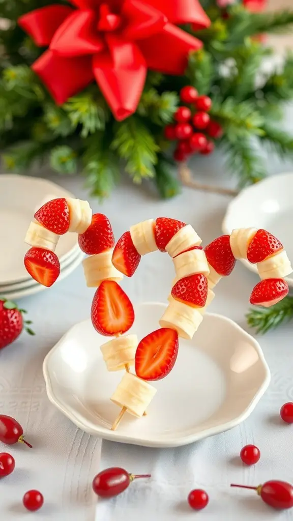29+ Fun and Festive Christmas Snacks for Kids 2 Candy Cane Fruit Skewers made with strawberries and bananas