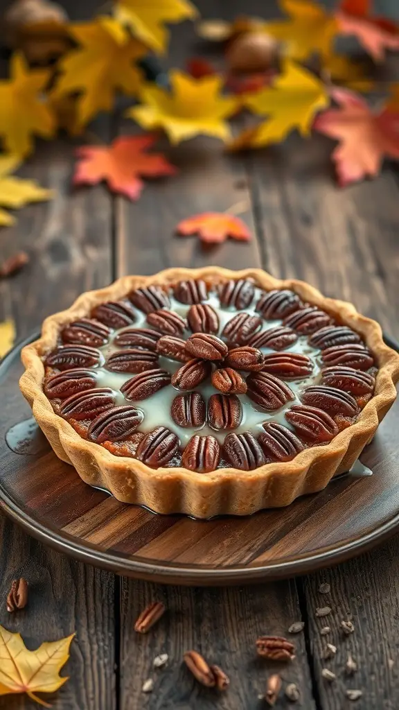 27+ Delightful Thanksgiving Desserts You Need to Try 5 A beautifully arranged pecan pie with a bourbon glaze, surrounded by autumn leaves.