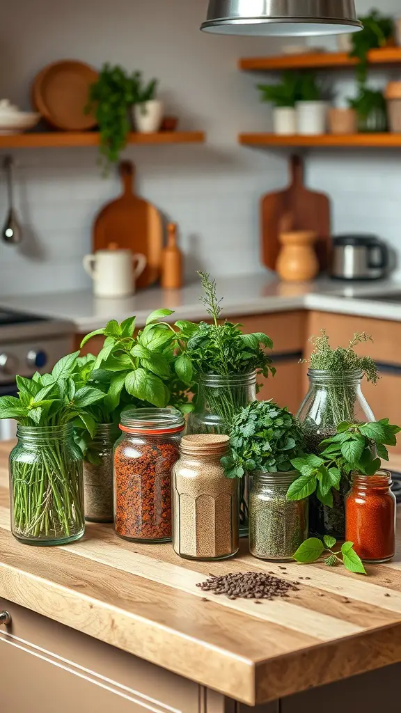 A kitchen island decorated with fresh herbs and spices in jars, creating a festive and functional display.