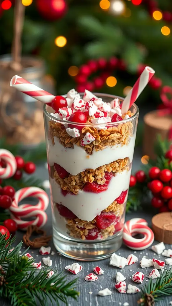 23+ Creative Christmas Breakfast Ideas That Kids Will Love 2 A festive glass of Candy Cane Yogurt Parfait with layers of yogurt, granola, and berries, topped with crushed candy canes and marshmallows.