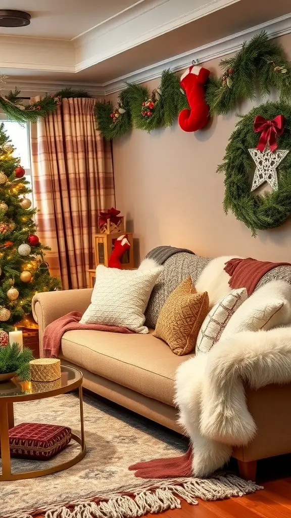A cozy living room decorated for Christmas with a faux fur throw on a sofa, festive pillows, and a Christmas tree.