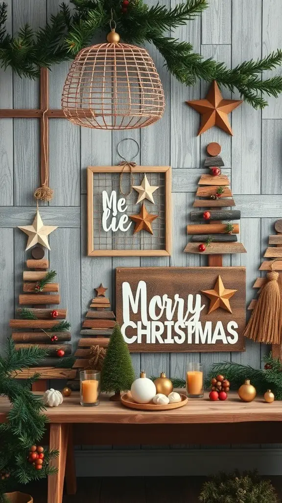 27+ Stunning Christmas Wall Art Ideas for a Festive Home 2 Rustic Christmas wall art featuring wooden tree designs and festive decorations.
