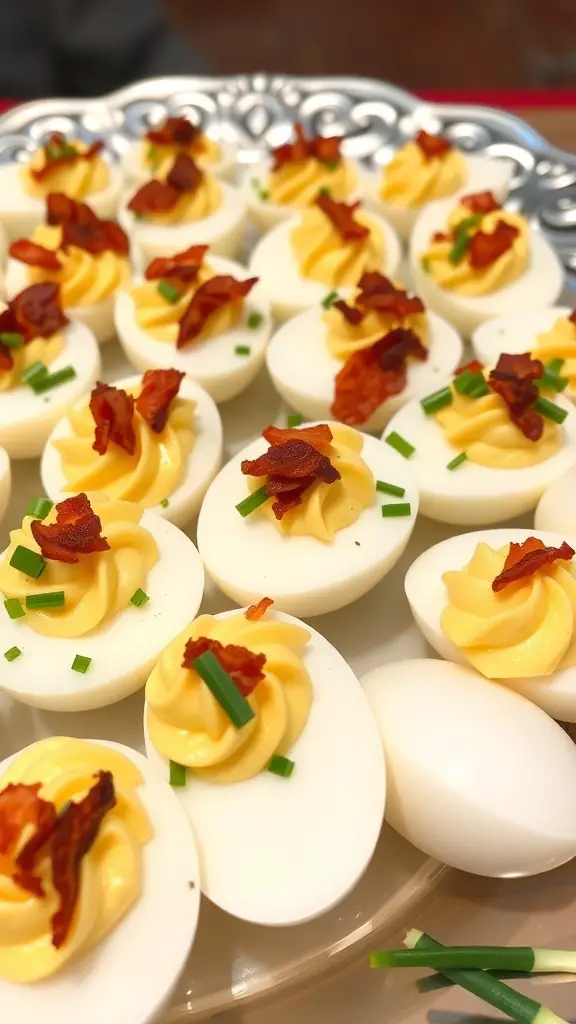 A platter of classic deviled eggs topped with bacon and chives.